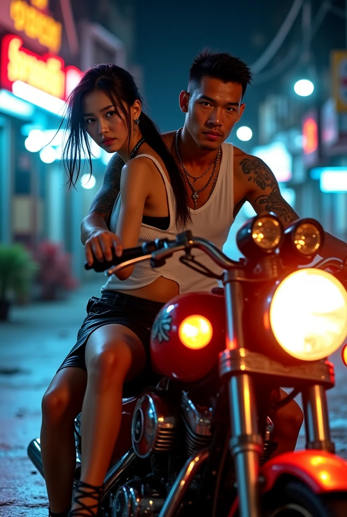 realistic photo of a handsome man carrin in his moto a (pretty girl, 20 years old, brunette, black eyes) wearing a stunning bikini at fashion photo studio, (full lips) , ((perfect face)), [[mild smile]], proportionate body,mixed herritage, beautyfull, beautyfull face, tanned skin, two arms, two legs, five fingers by hand, full body, (curly black long hair), handsome short haired man and brunette girl at moto, the man is driving and the girl is a back seat, street. leather biker outfit, man with jacket and jeans, girl with top and leather pants. urban landscape, city, Full bodies, photo from side.
