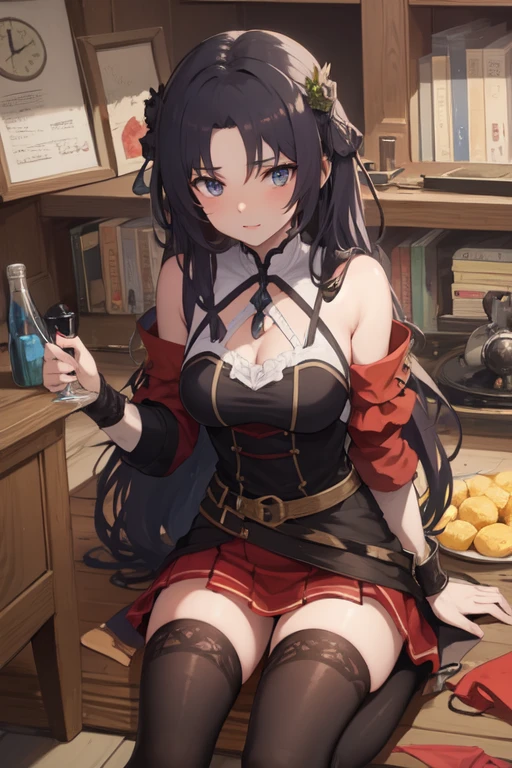 a woman sitting on a stool in a bar, a character portrait, pixiv, gothic art, gothic girl dressed in black, anime boy, [[[[grinning evily]]]], noire photo, smirking deviously, black and red colors, steampunk girl, at a bar, with index finger, !!no glasses, rin, highdetailed