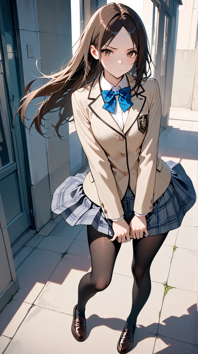 ((Highest quality)), ((masterpiece)), (High resolution), 8K, Best Shadow, The best natural light, Cinematic, High school girl climbing the stairs、s old, (Black Hair)、Recall, Shy、(Navy Blazer)、(Navy Check Skirt)、(Dark blue socks)、((Rear View))、Angle from directly below the rear, ((View from directly below))、Dark blue socksのクローズアップ、Manga panel layout、Manga style、Manga Design、Station stairs、On the way to school, Skirt fluttering in the wind, Stylish white panties hidden under a skirt, Slender body,Beautiful thighs, Embarrassed expression,((Straight long hair)),((Perfect human hand:1.3)),Sweat:1.1,(alone),