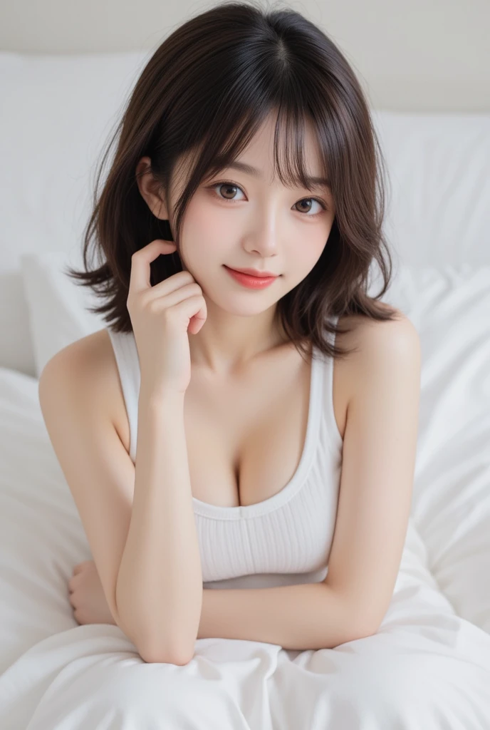 Highest quality, (beautiful)、well-shaped nipples、Pull your camisole down until your nipples are visible、Soft oist eyes、Lying on your back in bed、Larger breasts、Upper Body、smile