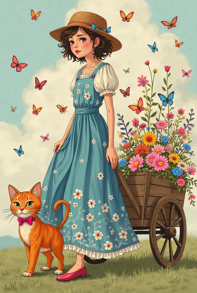 1girl,Lovely,Black long curly hair,fluffy,Chubby face,Purple dress,Pulling a suitcase,a cat,in the park,In a sea of flowers,The artwork should transition from a pencil drawing style in black and white on the left half to vibrant colors on the right half. Ensure a seamless integration between the two halves without any dividing line. The scene is identical on both sides, with the left side featuring detailed black and white pencil strokes and the right side filled with colors, creating a harmonious blend across the image.
