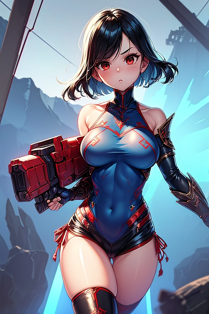 (((HD photo))), ultra high res.photorealistic:. 1.4, UHD, masterpiece, trending on artstation, full body, 1girl, pretty, cute face, most beautiful in the world, soft, delicate, (very short hair, blonde:1.3), cute breasts , (wearing blazing red tactical detailed suit with bikini type, future mechanical tactical suit ), woman soldier:1.4, ((aiming with the gun:1.1), desert city background, shoot from front