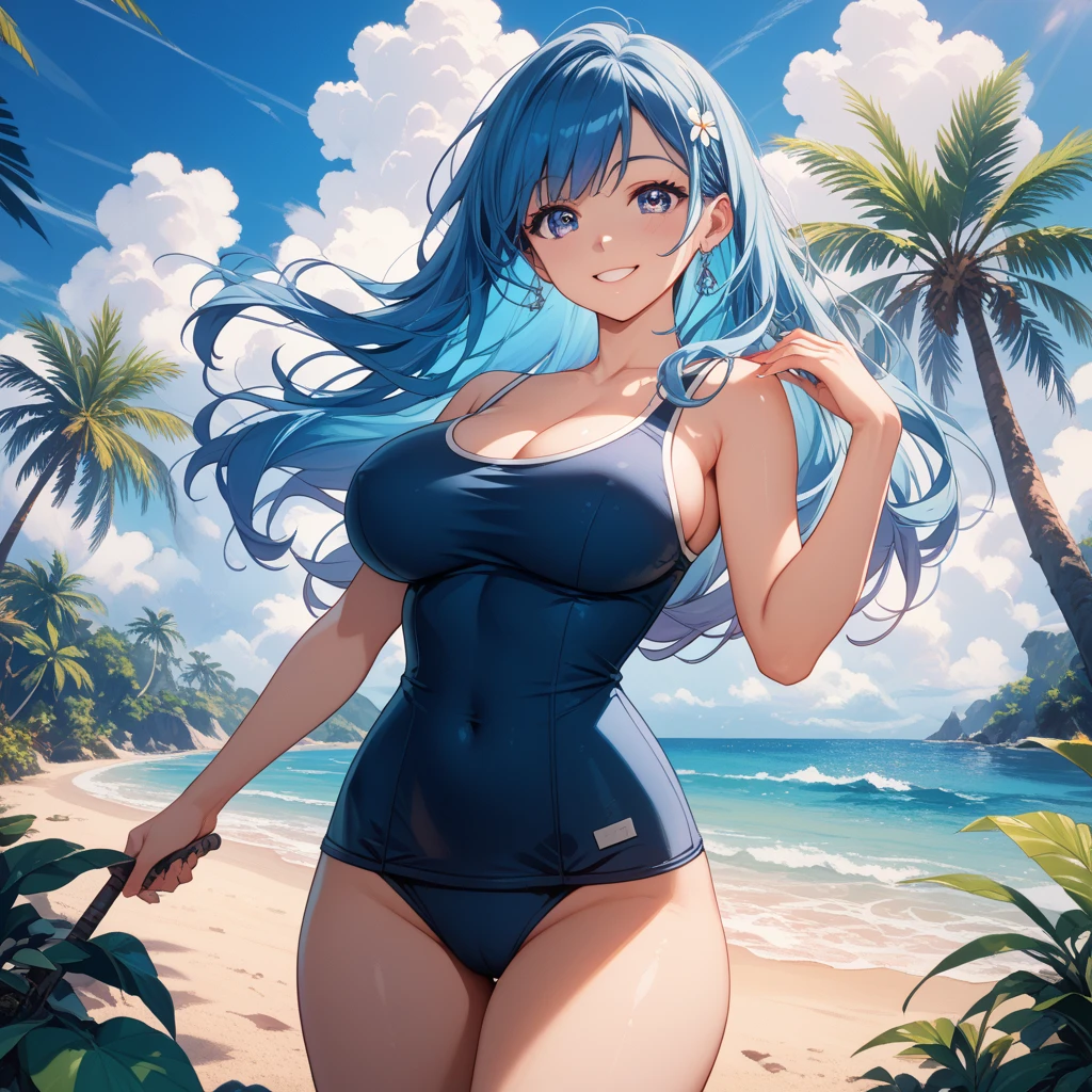 anime girl with light blue hair, Hair in a delicate blue tone, long hair, purple eyes, pony tail hair, revealing swim dress, medium breats, mature factions, very aesthetic detail anime background japanese beach midday sun