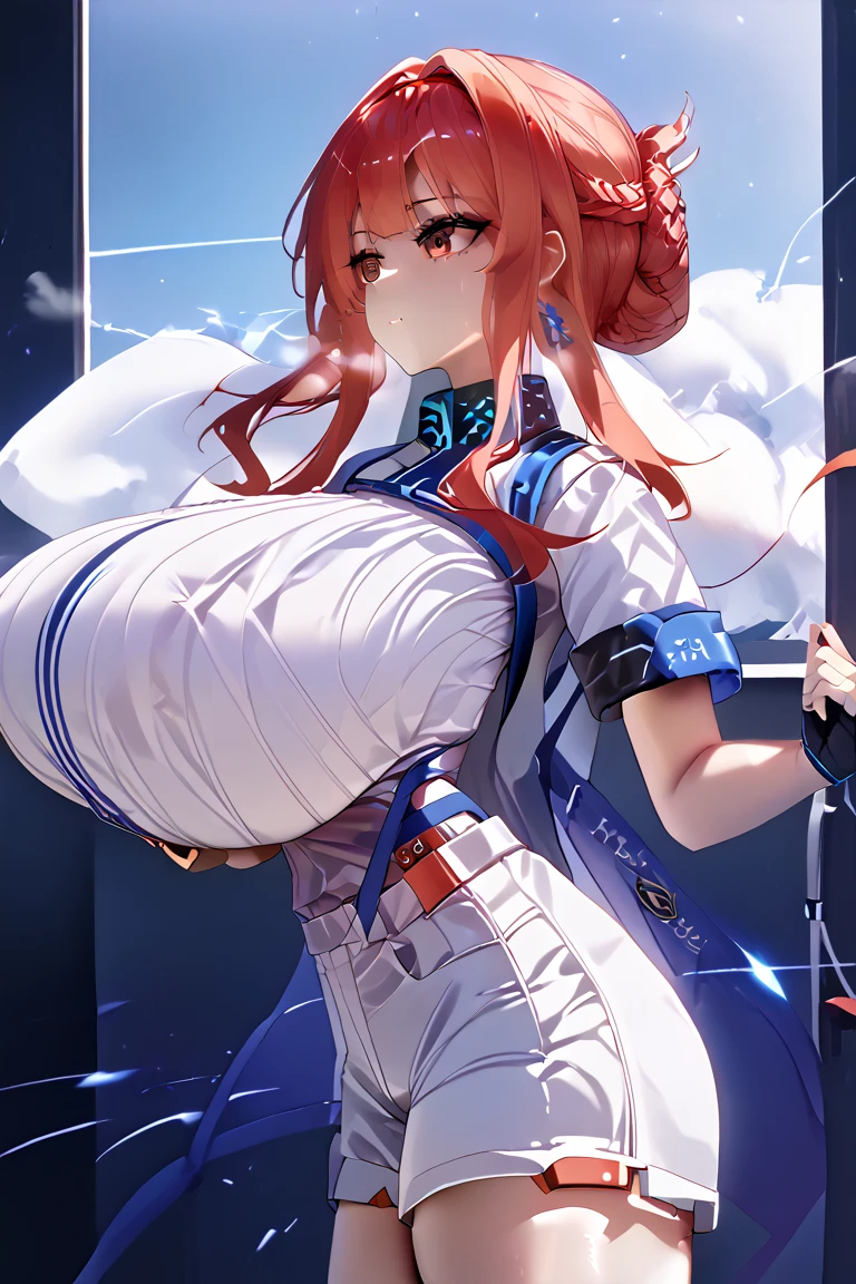 giantess, Dressed Woman, aquila_kantaicollection,(((((huge breast))))) ,Woman holding the globe in her hands, A woman bigger than the planet, A woman bigger than the universe, destroyed earth, smile, Space Background, The giant girl is in space, giga giantess, The globe is the size of a ball, Upper Body,Mouth open,profile