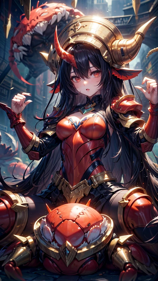 (((reaching down, reaching down out, outstretched hands, out stretched fingers, outstretched fingers))) black hair, bare shoulder, red eyes, very long hair, cleavage, large breasts, dress, showgirl skirt, high-leg, cleavage cutout, tiara, bare thighs, gauntlets, bare shoulder, bare nails, bare fingers, bare hands, good hands, best hands, Correctly aligned fingers, extremely detailed hands and fingers, ultra detailed hands and fingers, super detailed hands and fingers, perfect female hands and fingers, biologically accurate hands and fingers, 4 fingers and 1thumb accurate hands and fingers, beautiful hands and fingers, hands and fingers drawing, human hand and fingers, perfect arrangement of fingers, detail focus hands, perfection hands, better hands, adult face, fearless face, both arms, two arms, both hands, two hands, super fine illustration, masterpiece, masterwork, by famous artist, official art, ultra high res, best quality, high quality, Hand, detailed, perfect, perfection , hands, both hands is Thumb and index finger and middle finger and ring finger and little finger, even hands, panties, thighhighs, symmetrical bangs, gleaming skin, oil skin, shiny skin, wet skin, sweat, rouge, exquisite, beautiful,cg unity 8k wall paper, perfect face, ultra detailed beautiful face, perfect nose, perfect mouth, clear eyes, light eyes, perfect eyes, symmetrical eyes, even eyes, 16k, absurdres, perfect body, perfect anatomy, perfect proportion, perfect arms, perfect torso, symmetrical hands, symmetrical arms, 