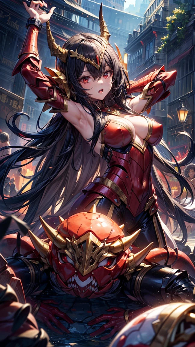 (Original Character,8k, Masterpiece, Best Quality,Detailed, Beautiful Detailed Eyes, solo),mature female,tall, fine skin,cleavage,blush,cowboy shot,black eyes,black sclera,black hair,long hair,(hair 2antennas),road in night city,((red armor)),black pantyhose,