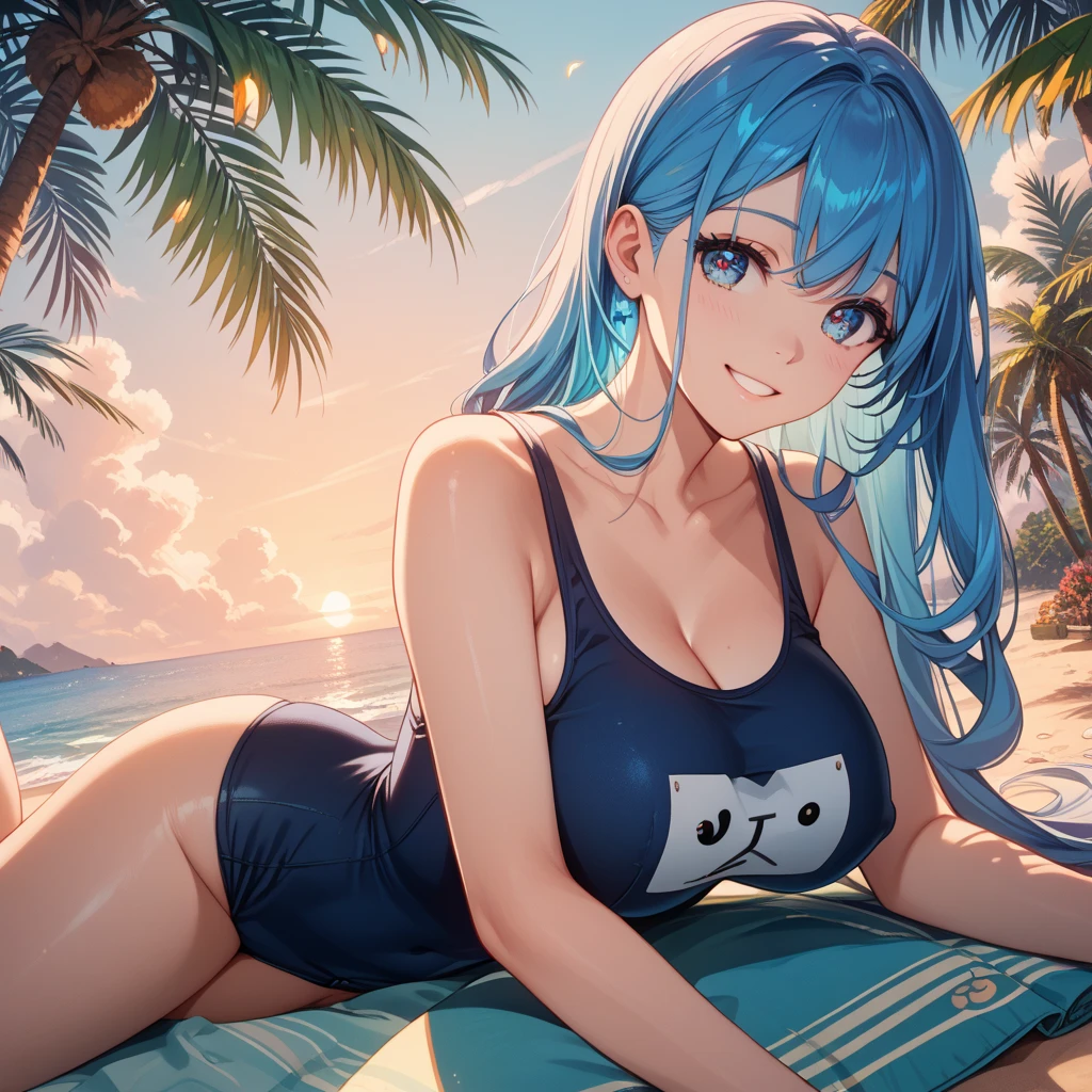 Masterpiece, stunning realistic, best quality, sharpness, 1 girl,Maron,blue hair,blue eyes,large breasts,in a beach,yellow swimmsuit,