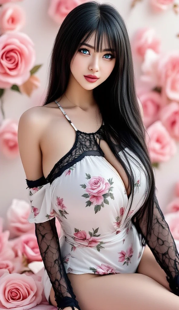 Masterpiece high quality high details realistic face ultra realistic face chubby face girl with slender thick figure and long dark black hair till hips wearing pink floral dress