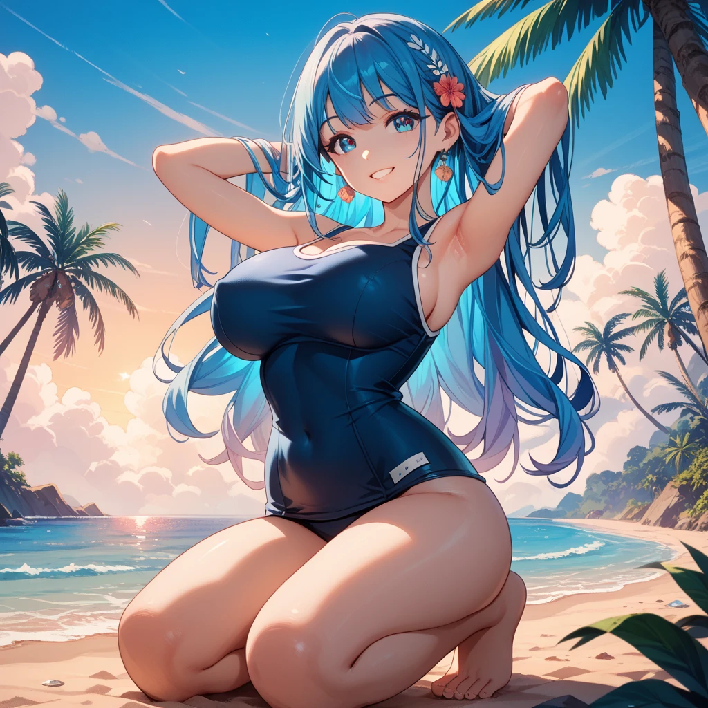Juvia Lockser, 25 year old woman. wavy blue hair, blue eyes, big breasts, blush, mischievous smile, blue bikini, background a tropical beach. WET BODY. drops of water on his chest. full body image.