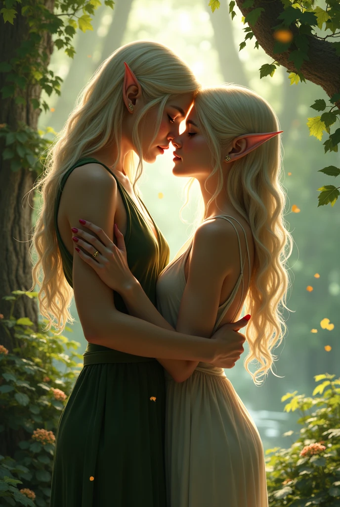 full body, long hair, one blonde and one dark hair young woman, in a photoshoot in the garden of Eden