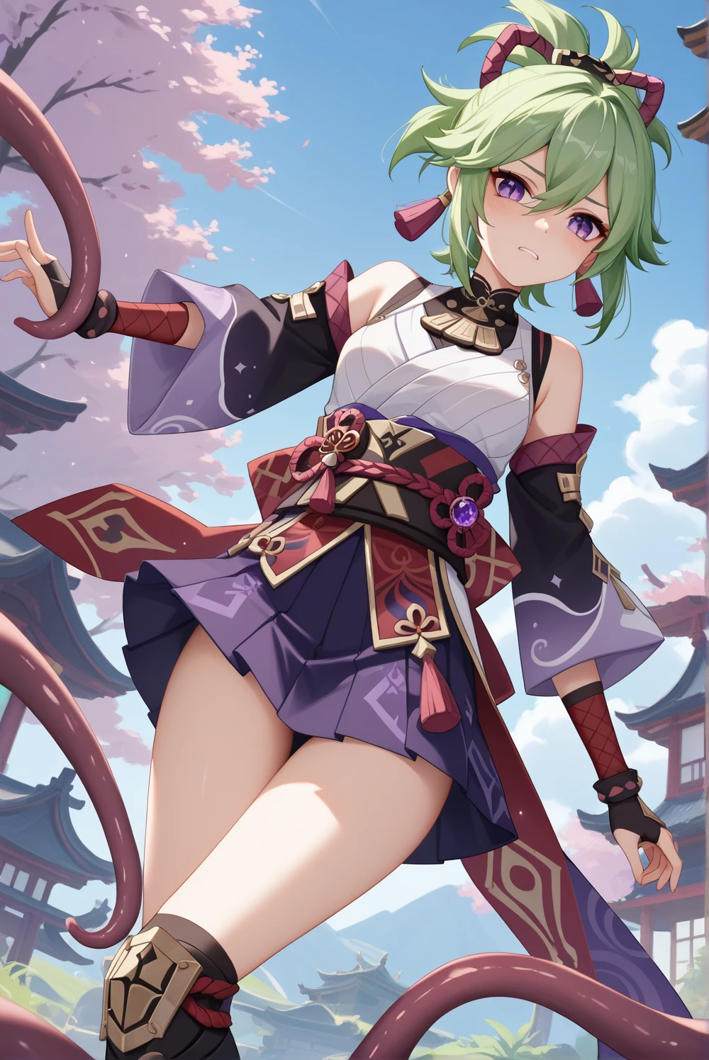 best quality, masterpiece,
<lora:otonashiKotoriIdolm_v10:1>,Otonashi Kotori,serious, cool,
japanese armor, green armor, kneeling, samurai, samurai armor,