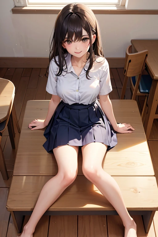 photorealisim、top-quality、超A high resolution、a picture、Extraordinary beautiful girl、Highlights of cheek luster、Detailed cute and beautiful face、(pureerosface_v1:0.008)、Beautiful bangs、Glowing white shiny skin、Bangs between the eyes、shiny and beautiful hair、Silky hair、finer hair、High-definition eyes、Beautiful, Bright and clear, Big eyes shine charmingly、eye liner、Double eyelids、Full body like、red blush、embarrassed from、shiny little necklace and earrings, shiny lips: 1.4, (Shy laughter)、Kamimei、red blush、Tears are embarrassing、(White shirt)、((darkblue pleated skirt))、((Light blue lace panties))、((Open knees))、((open one's legs))、((Disheveled clothes))、((Dressing))、Puffy nipple、Neat and clean female 20-year-old female teacher、Brown hair, bangs flowing diagonally, Medium Wave Long Hair, Blue eyes, medium breast size, (sit on stairs)