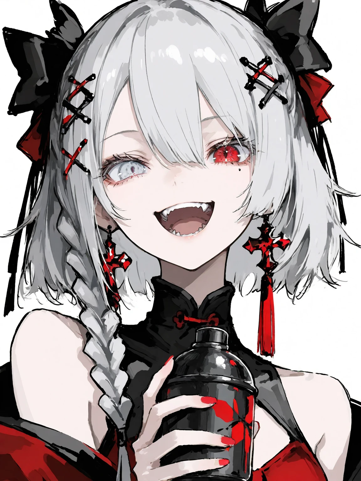 Short white hair, blush, Gothic ta、Punk Fashion、Headbang 2.、Red clothes、Drink juice、