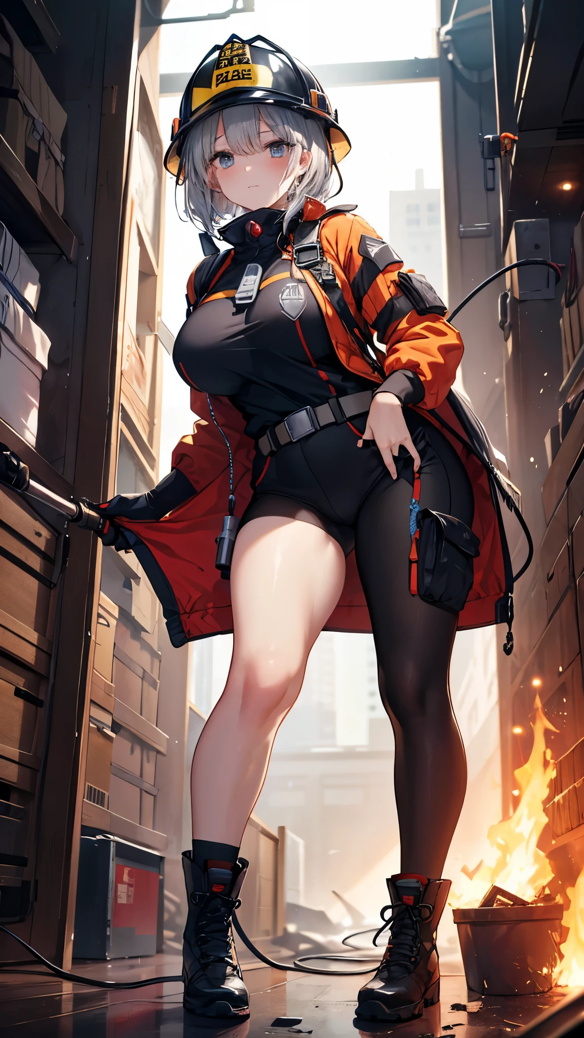 (masterpiece, best quality, ultra detailed, absurdres)1.5, 1girl, (sexy, beautiful woman, perfect face, perfect eyes, perfect female body, huge breasts)1.5, (rapi \(nikke\), rapidef, hat, skirt, side slit, thigh highs, ankle boots, ), (standing in a wasteland, cloudy sky), perfect lighting, smooth, hdr