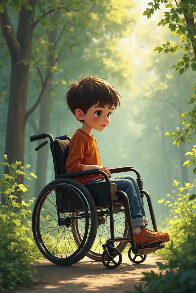 A barefoot young boy in wheelchair