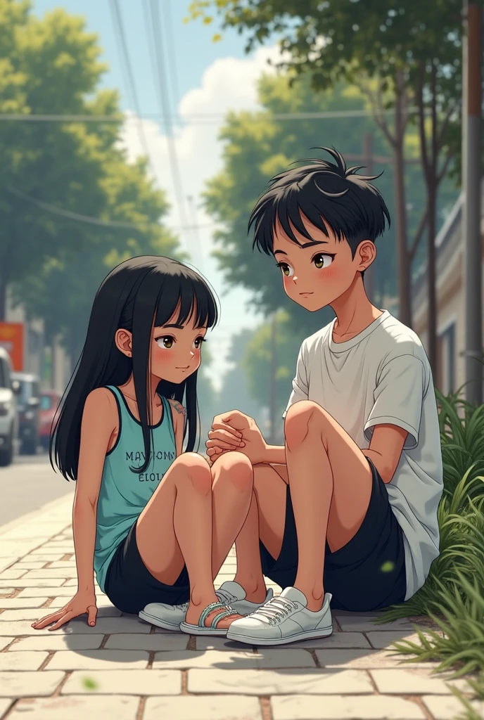 create a  with loose black hair and a white t-shirt and blue shorts and black sneakers sadly sitting on the stairs and a boy sitting next to her to talk anime style and he is a little away