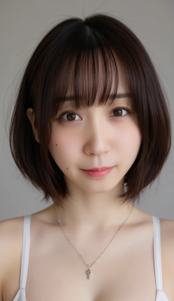 Aileen. The fair-skinned short, dark brown, straight bob haircut with face frame bang.  she's slender , petite figure with a small waist and flat belly.  her breasts are of medium size . She's smiling slightly at the camera、topless, swimsuit、magical ancient documents, She's wearing a delicate silver necklace and a small pendant, （full body shot）,small nipples