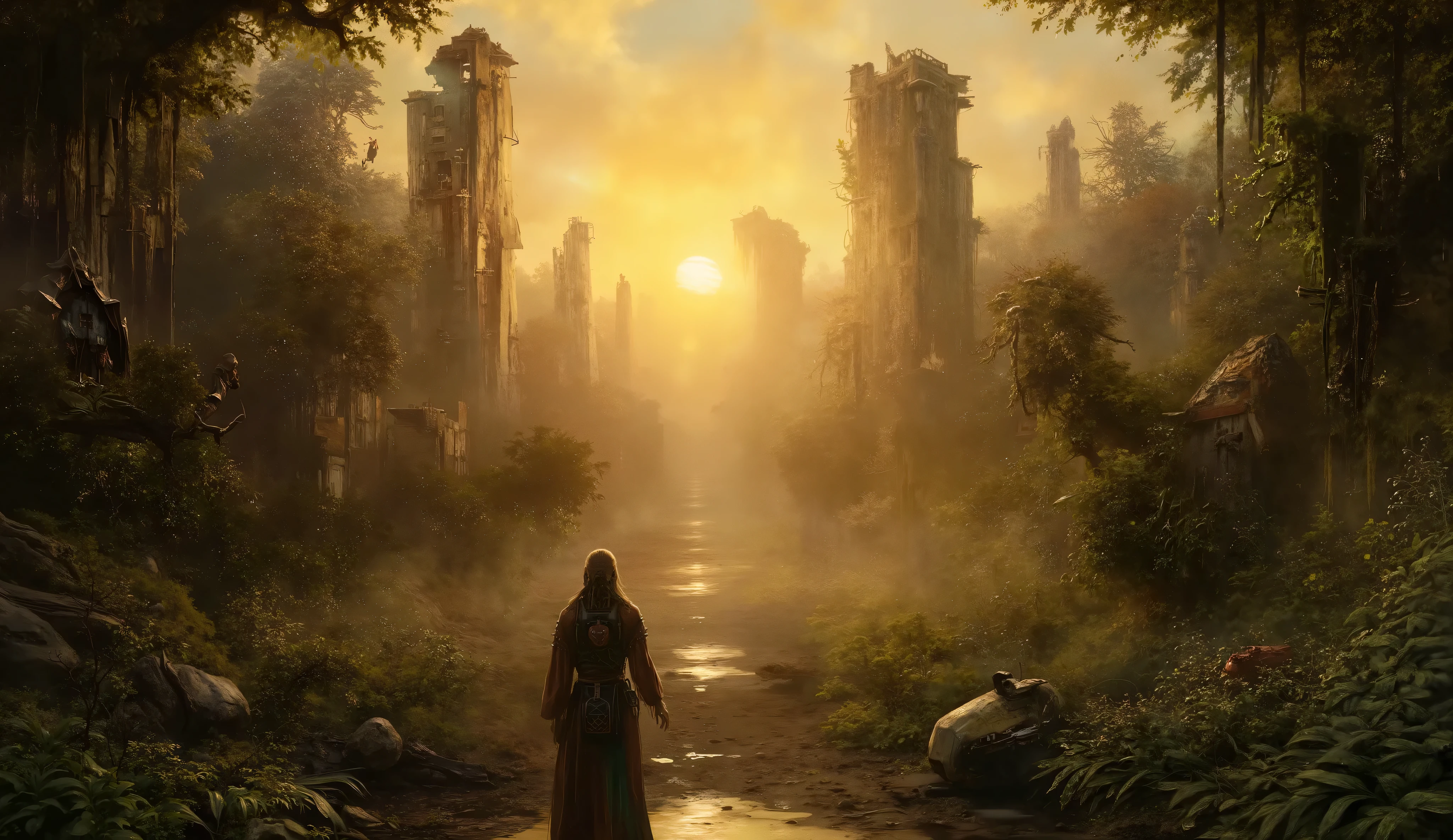 Human Era (Past/Present)
Key Elements:
Crumbling skyscrapers, overgrown vegetation, remnants of cities.
Warm, golden-hour lighting with fog/mist.
Subtle hints of early robotic integration (e.g., broken drones, rusted AI billboards).
AI Prompt Examples:
*"Post-apocalyptic ancient city reclaimed by nature, golden sunset, cinematic hyper-detailed, 8K, art by Simon Stålenhag and Beeple."*
"Futuristic medieval ruins with overgrown vines and broken holograms, unreal engine 5, photorealistic." i want a more specific artistic matte painting design. Add some HUMAN ACTIVITY.