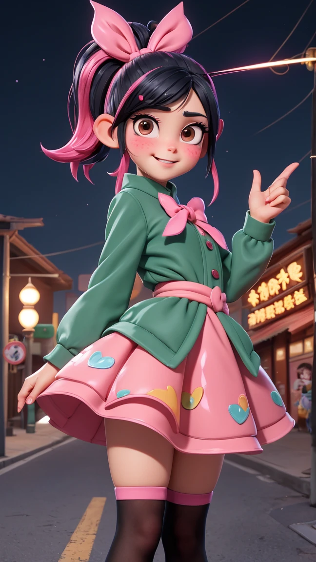 A Little girl as Blossom from the Powerpuff Girls, Long Straight  red Hair with a Red Ribbon Tied at the top, perfect body, Red eyes, wearing a Blue Dress, smiling, in the middle of a citty, masterpiece, detailed and intrincicated, HD