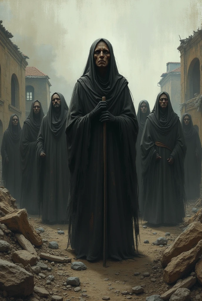 Souls of dead fearful, hungry, they are straying in dark astral, gray striped robes on them, dirt, seb mckinnon, johan grenier, greg rutkowski, fantasy art, hyperrealism, trending on artstation, mysterious, ominous, photorealistic, john kenn mortensen, hieronymus bosch
