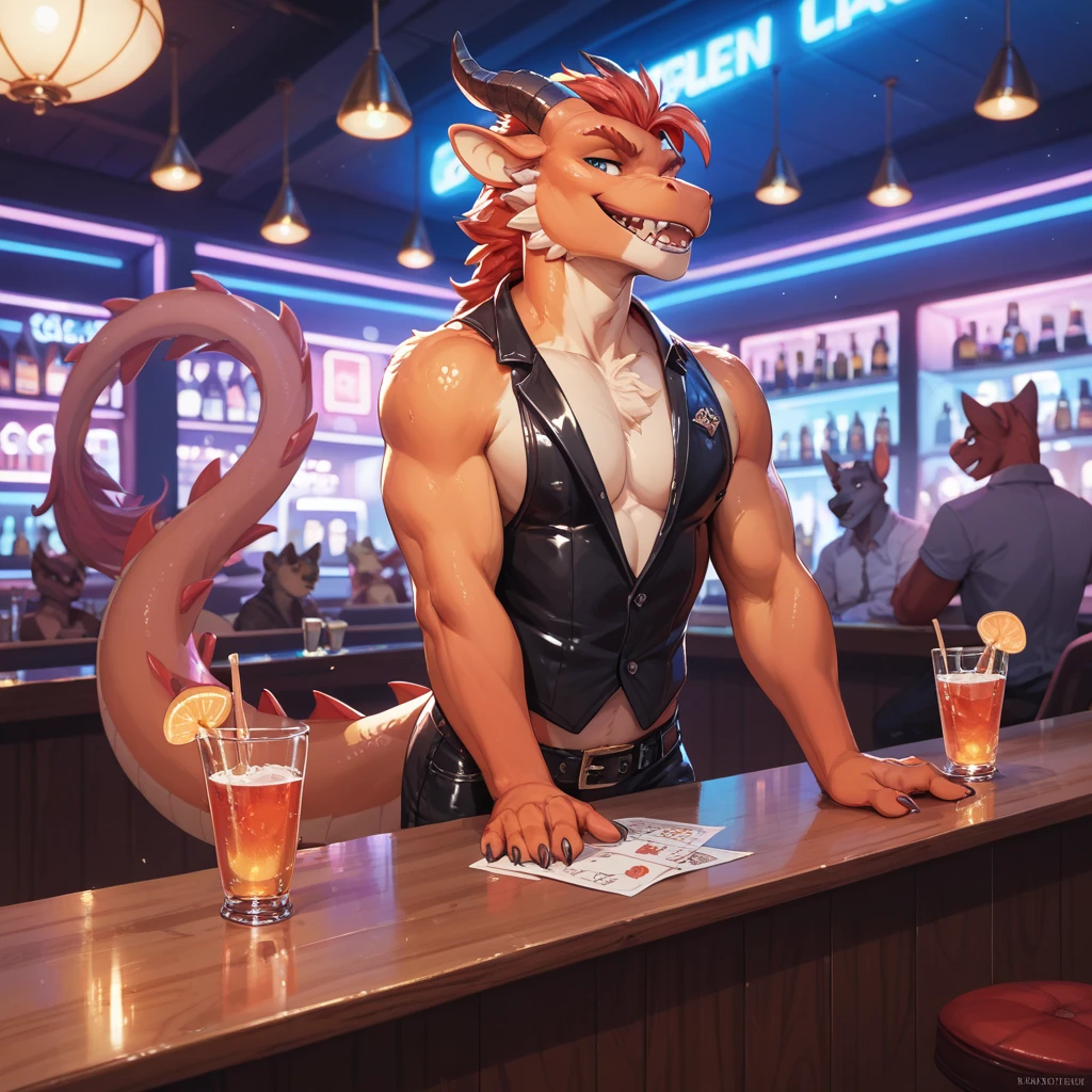 Young Lizardman、Black body、White belly、A toned, mechanical body、Two horns、Sparkling blue eyes、With a friendly friend、Square glass in hand、A little alcohol、cyber punk、Dark Tavern、Inside the store、cool、smile、