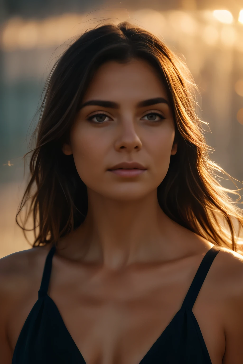 Nova in Halbprofil, leicht von hinten, Haare im Wind, soft rays of light in fog, calm posture, dark futuristic background, emotional minimalism, vertical portrait




