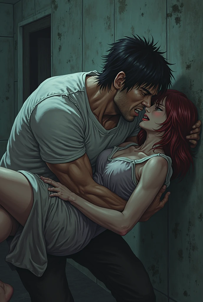 1male (short black hair, naked:1.5), 1female (takshirohiroko, red hair, green earrings, unbuttoned white blouse, cleavage, red pencil skirt), (masterpiece, Digital Art, Digital Illustration, 4K, 8K, Ultra-detailed, beautiful image, Sharp Image, Photorealistic, Raw photo, Perfect face, Perfect lines, Perfect eyes, Soft lighting) 1 woman, (Long Black Hair, straight haired, Bullish gaze, Beauty, Solid makeup, female,), nighttime, dark hotel bedroom, only light from a dim lamp, by the window, kissing, a couple, couple kissing, Romance, sex, having sex,Wet pubic area, Overflowing, Full body painting,(One Girl And One Man, Having sex:1.5),(ember, Adult male, Rubbing the girl's boobs:1.2), gasping face, embarrassed, begging, Unhappy, Greedy expression, Wet pubic area, having sex, Open your crotch wide, Cowgirl, Fluttering chest, Wet shirt, Lace underwear, Take off your underwear, With my mouth wide open, Pull up your skirt, Show panties, Plug-ins, Plug-ins, penetrated by genitals, boob grab from behind