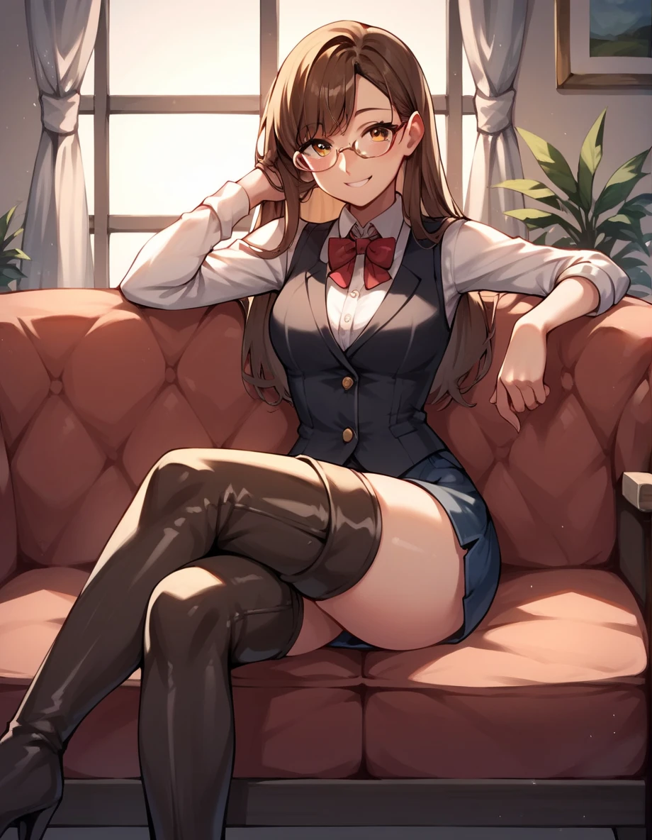 masterpiece、highest quality、Ultra-high resolution、Maximum resolution、Very detailed、Professional Lighting、anime、woman、thin、so beautiful、Brown Hair、Waist-length hair、Purple Eyes、Beautiful Eyes、Delicate eyes、Droopy eyes、Pink Lips、Gloss Lip、Red glasses、Earrings、OL、red business shirt、Black mini tight skirt、Big belt、Laugh shyly、Sexy pose、Red High Heels、Sit on a chair、Cross your legs、Holding the cup in your hand