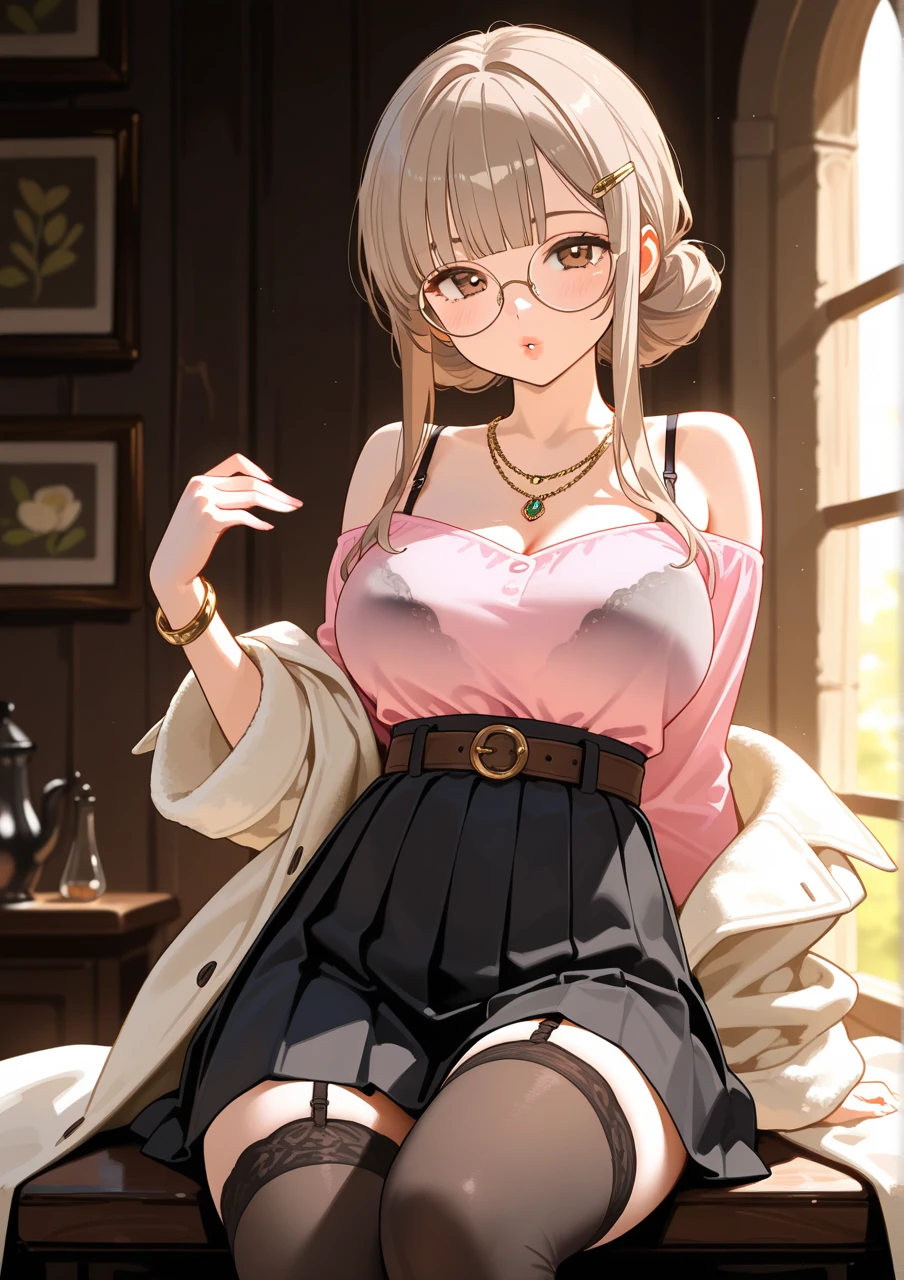 ((1 woman, (alone, 1 girl, alone)), amber, blonde hair, blue eyes, tied hair)), conceited, ((alone, (1 woman, pink lipstick)), very detailed, glasses,ambient soft, (( white dress, long dress, elegant dress, fancy dress, black belt, sitting on armchair, legscrossed, office, living room, modern apartment, necklace, bracelet, earrings, lamp ))