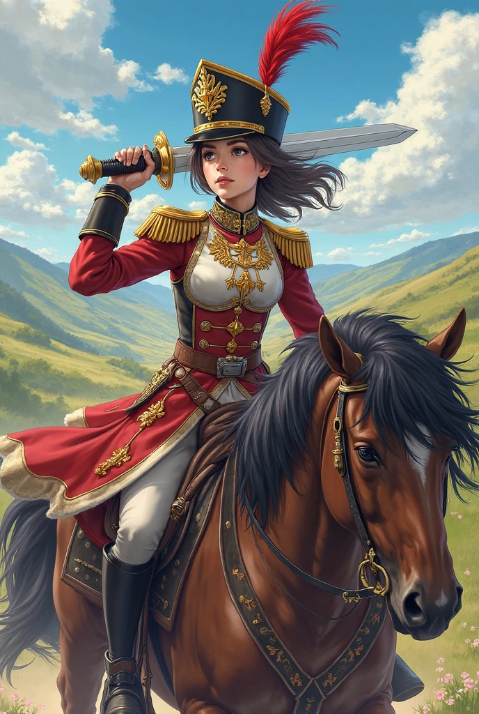 Riding a horse in a red and white military uniform,Female soldier with musket and sabre