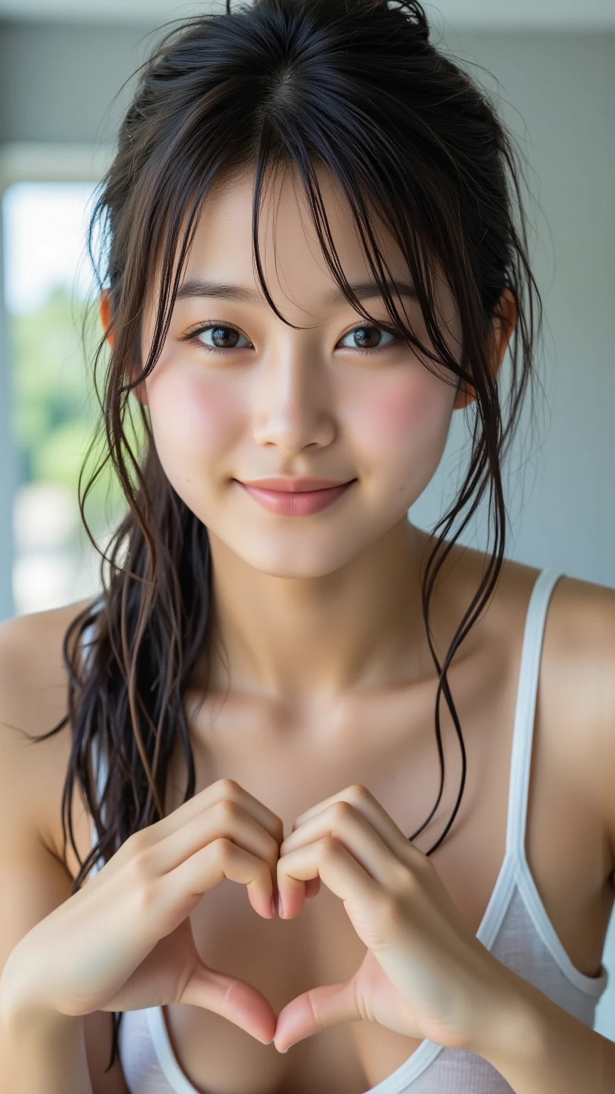 highest quality, masterpiece, ultra high resolution, (realistic:1.5), (close portrait) RAW photo, 1 girl, 22 years ago,super close up of face,face in the mirror,super close-up photo,((The face is also wet)),((just out of the bath)),((Comes with bath towel)),((wet hair)),facial moisturizing cream,OK, beautiful skin,transparent skin,(smile),((smile showing teeth))masterpiece, realistic pictures, japanese pictures, saturation, contrast, short hair