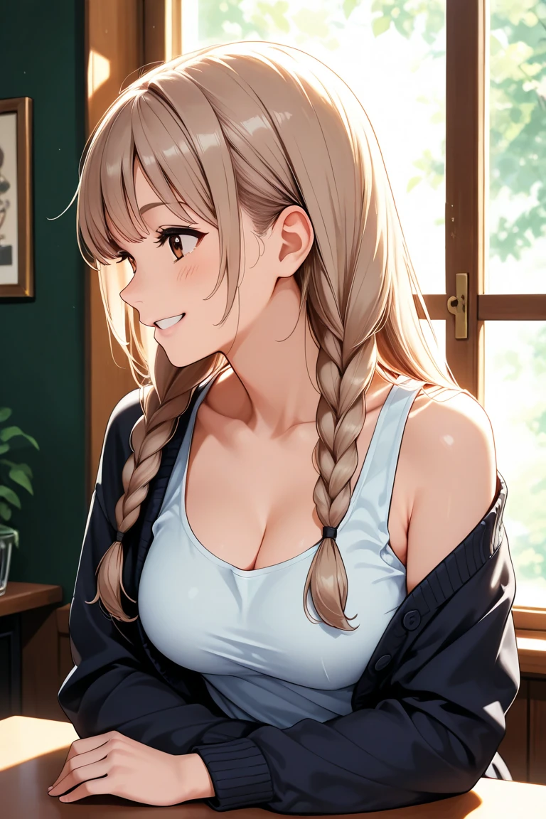 masterpiece, best quality, mature female, sitting at table, thick arms, elbow rest, smile, ponytail,
<lora:plump-strong:1>