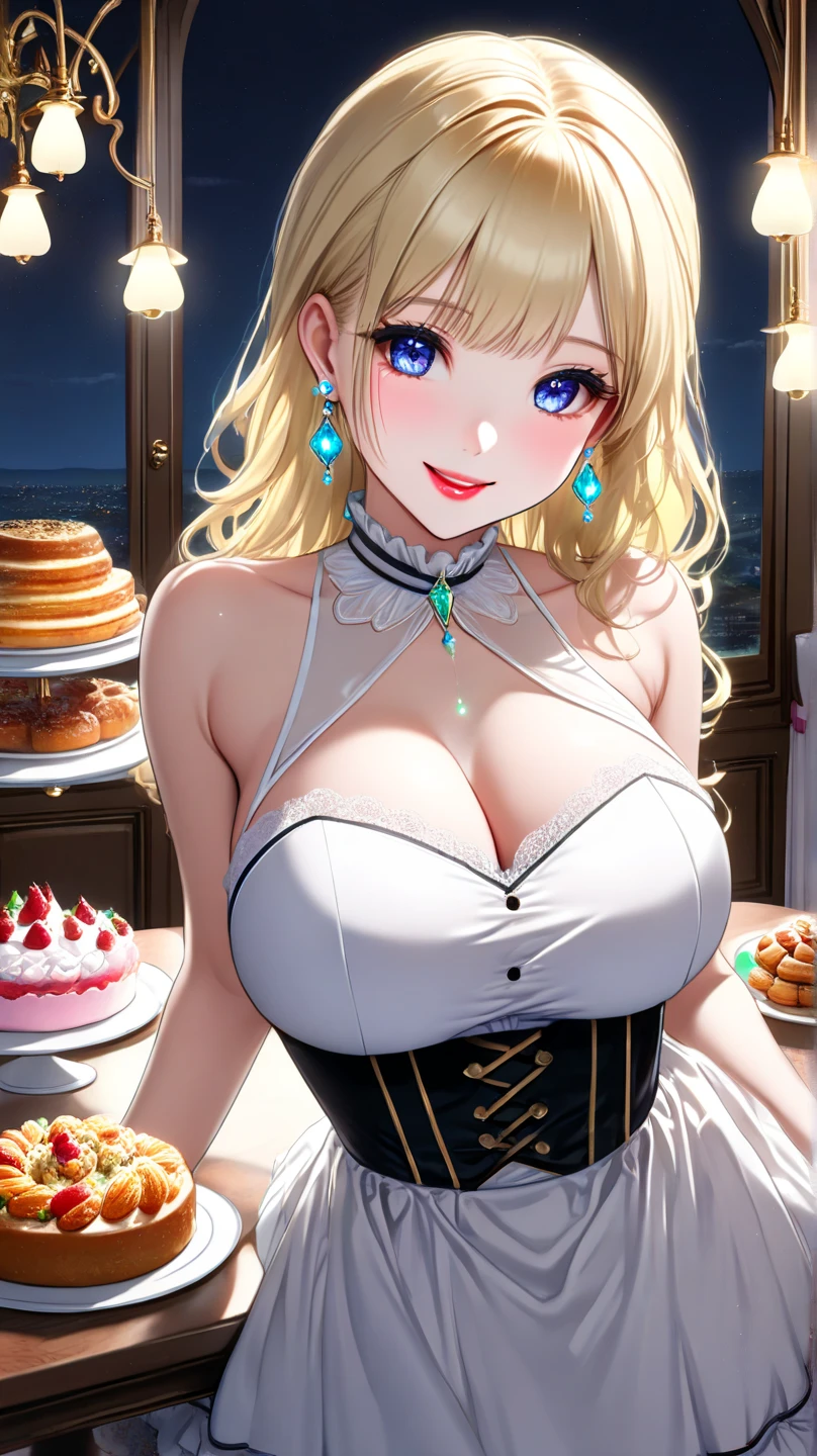 masterpiece, absurdres, best quality, ultra detailed, high Resolution, detailed illustration, extremely beautiful detailed face and eyes, bright colour, 1girl, (loli), cute face, Delicate beautiful face, magenta eyes, cute eyes, sparkling eyes, big eyes, medium breasts, (perky breasts:1.1), (pointy breasts:1.1), medium hips, glamorous body, white skin, Smile, BREAK, long bob cut, (blonde hair:0.8), messy hair, detailed hair, shiny hair, BREAK casual dress, tiny ribbon, buffet party, fine dining restaurant, Night, real world, natural lights, perfect lighting,