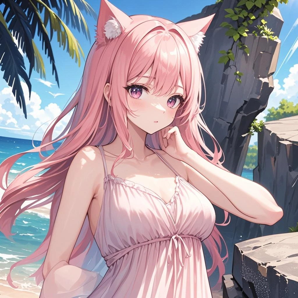 1 girl, alone, Cute girl with pink hair, pink eyes, Wisteria flower background, soft natural light, cat ears, in the water,wet,transparent clothes