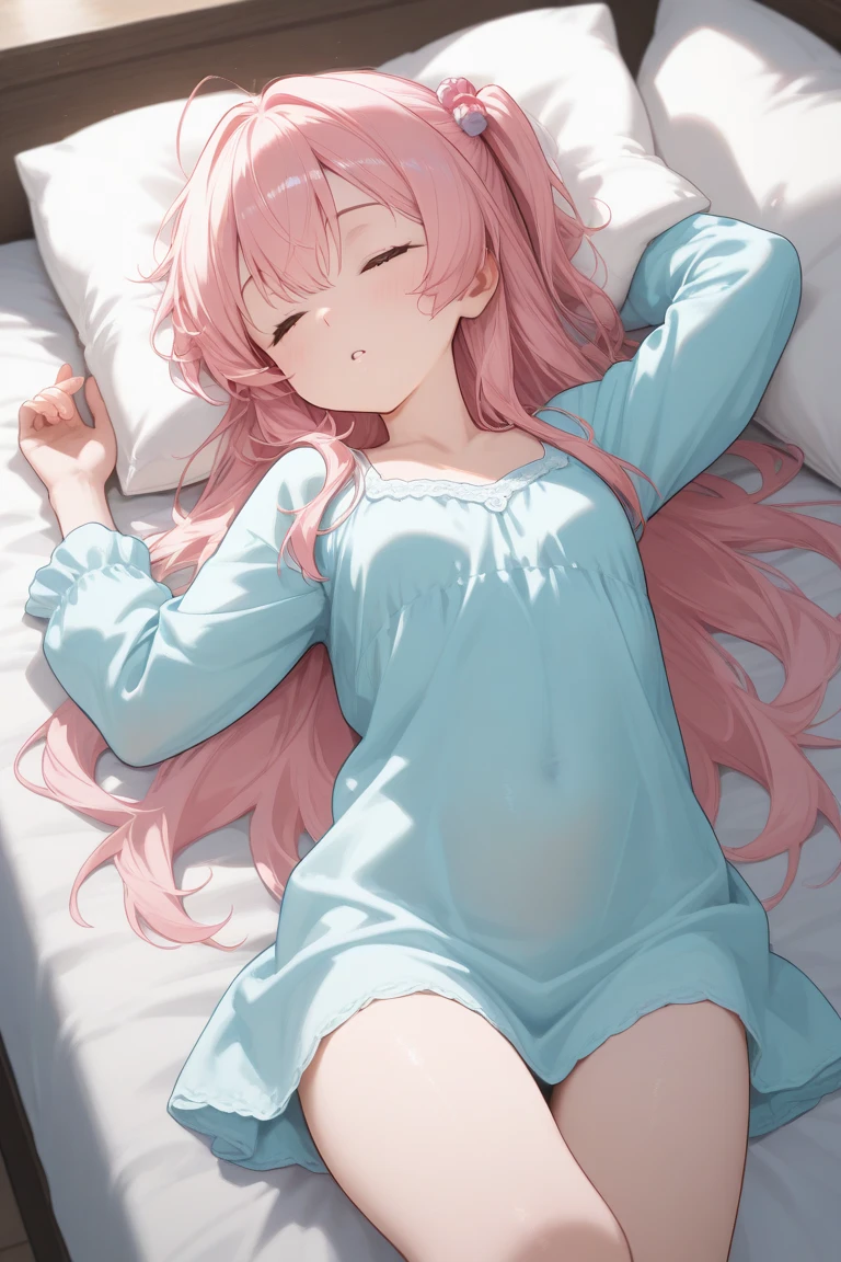 goddes beautiful angel, medium large breast, tulle flowin garment, caring smile, blushed, looks happy, 32K, sleeping hugging to a huge body pillow, side view