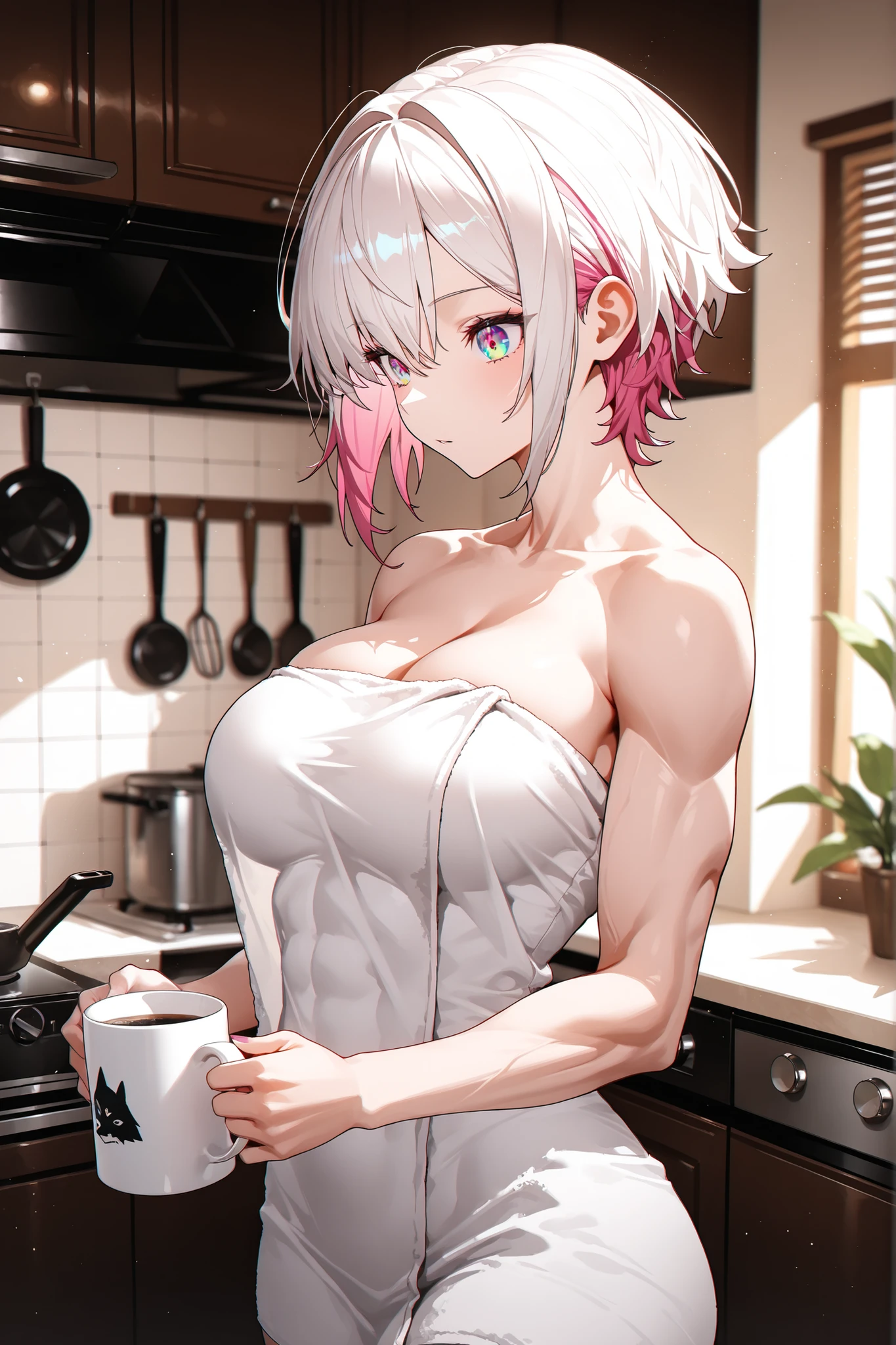 masterpiece,best quality,amazing quality,ultra-detailed,very aesthetic,sharp focus,depth of field,vibrant colors,ray tracing,best lighting,detailed illustration,detailed background,cinematic,beautiful face,(EyesHD:1.2),beautiful eyes,solo_female,short white hair,pink hair highlights,wolf-cut hairstyle,prismatic color eyes,toned body,tomboy,wearing a loose towel,modern house background,kitchen room background,standing in the kitchen,holding a coffee mug,