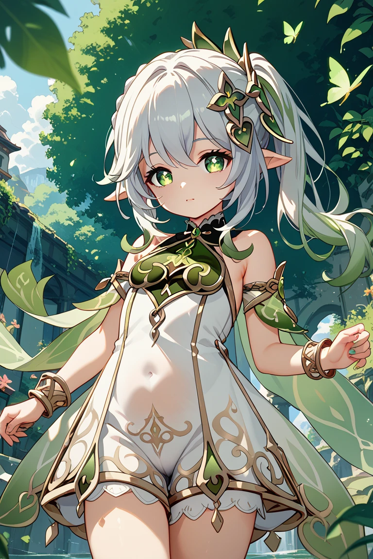 masterpiece, nahidadef, loli, standing, shiny skin, panty pulling, smile, looking at viewer, tree, (from below:1.2), cinematic lighting,