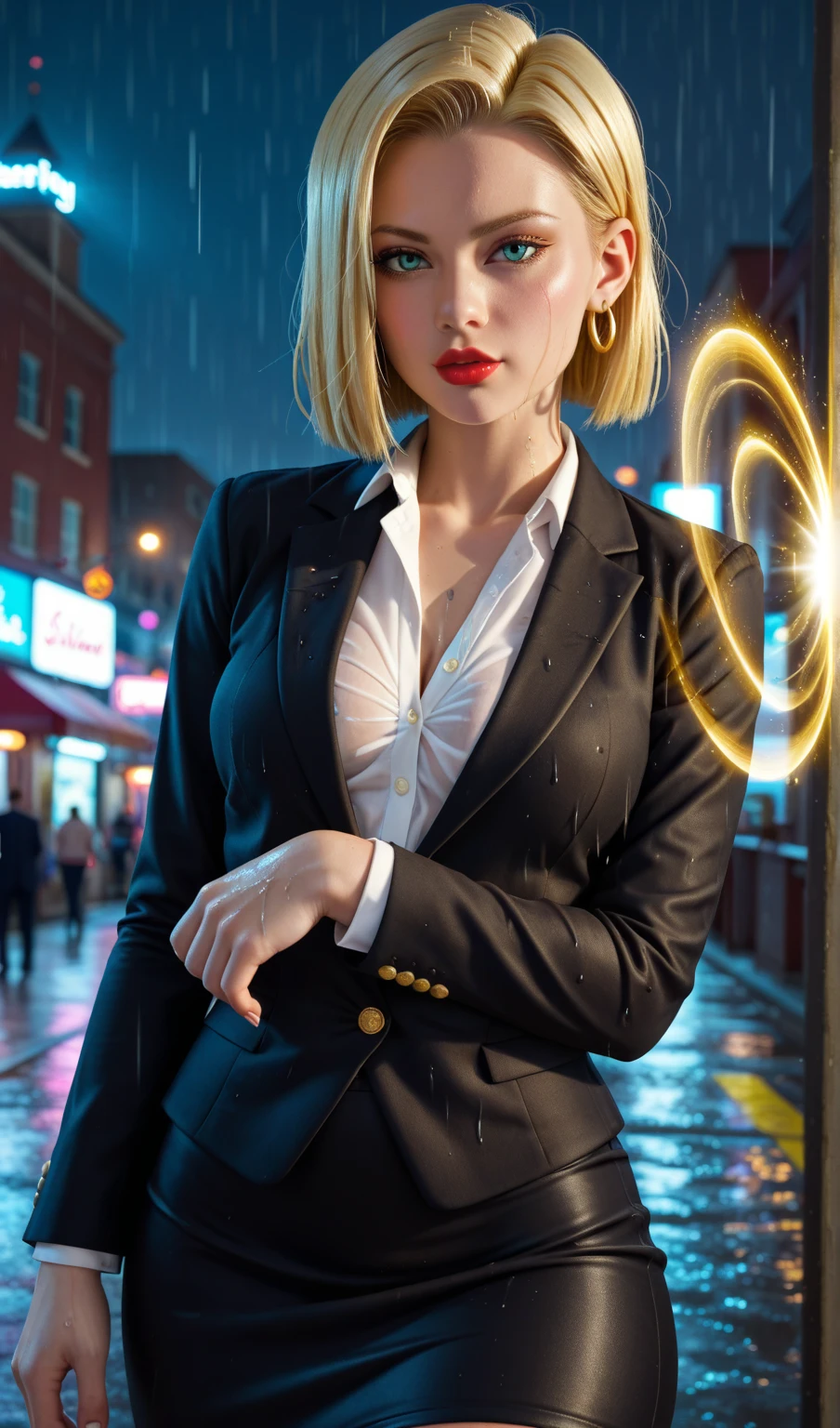 (masterpiece, best quality:1.2), cowboy shot, solo, 1girl, white hair, short wavy hair, purple eyes, average breasts, slender body, light smile, looking at viewer, one hand in pocket, lady office suit, cleavage, choker, cityscape scenery, street, night light, night time, smoking cigarette, cigsmoker, fingers holding cigarette