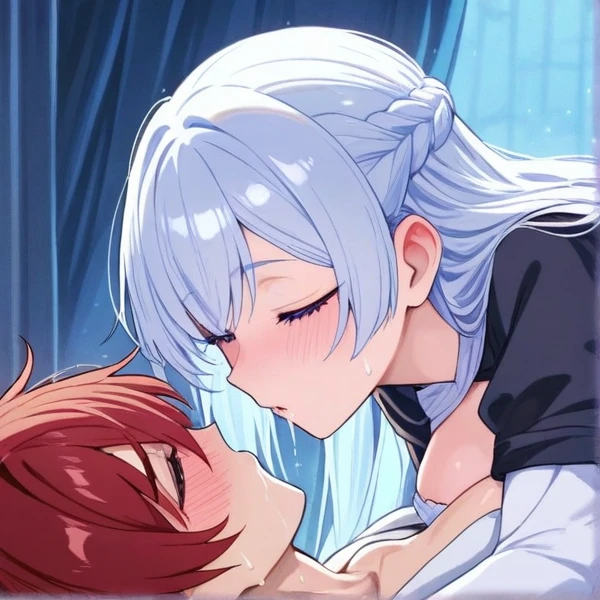 (couple), girl and boy, watching tv in bed together, rich in detail, competitive, happy expression, love, wide angle, 1girl, (((masterpiece, best quality, aesthetic, heavenly))), ((girl elf ,with blue eyes, white long hair)), intimate, 1boy, ((boy with blue eyes, short black curly hair))
