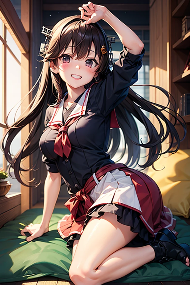 ((masutepiece, Best Quality, hight resolution, nffsw, Perfect Pixel, 4K, nffsw, nffsw))), 1girl in, Single, Solo, Beautie、full body seen、 ((Middle Wave Hair, Bangs, Brown hair)), ((Brown-eyed, Beautiful eyelashes, Realistic eyes)), ((Detailed face, Blushing:1.2)), ((Smooth texture:0.75, Realistic texture:0.65, Photorealistic:1.1, Anime CG style)), medium breasts, Dynamic Angle, Perfect body, ((Santa Claus Costume、Red knitted hat、red and white off shoulder sweater、red and white flared skirt、Black garter stockings、Kamimei、Shy smile、See-through nipples)), Classrooms without people、Sit on a desk、Lower'I took my foot off the desk............................、early evening、、((Angle looking up from below))、Very embarrassing panic smile、Lift your chest with your hands、Open both legs、Open your knees wide、sexy pink floral lace panties)、