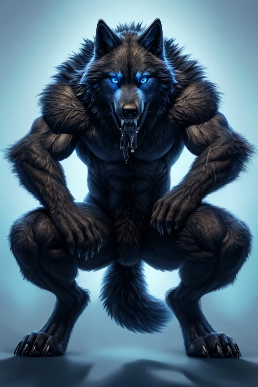 Perspective from below black wolf naked male furry legs apart looking down blue background squat pose blue eyes serious look claws on knees fluffy tail scars growling salivating