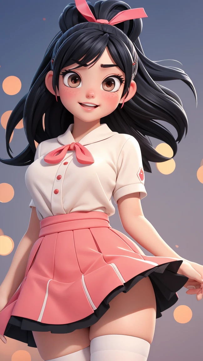 (Best Quality,4K,High resolution:1.2), Ultra-detailed, Realistic portrait, Best Quality, (outside japanese high school), (passionate scene),one very young looking high school girl, (intense emotion), (carp), (kiss:1.1), , (open eyes),(innocent look), student clothes, long black hair with bows and ribbons、Mini Pleated Skirt、(Stockings), standing, open mouth, (very big breasts), lingerie, pigtails, thin tiny waist, black and pink marching band uniform with bow, having fun, small body, big brown eyes, big cute smile, (full body, perfect long legs, looking up staring into camera, far away), (muscular lean abs, tight cropped blouse)