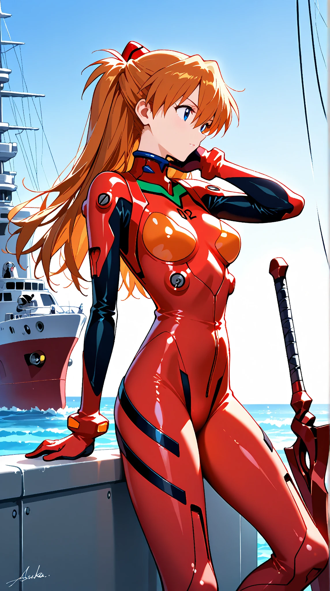 Hiroshige, Unfinished Painting, Summer resort, Ann Takamaki, red latex bodysuit, boob window, twin pigtails, Slightly slimmer body, posing like a model, (((Flat illustration))), very beautiful face:1.3, super cute, Blue sea and white clouds, (masterpiece:1.3, Highest quality:1.3)