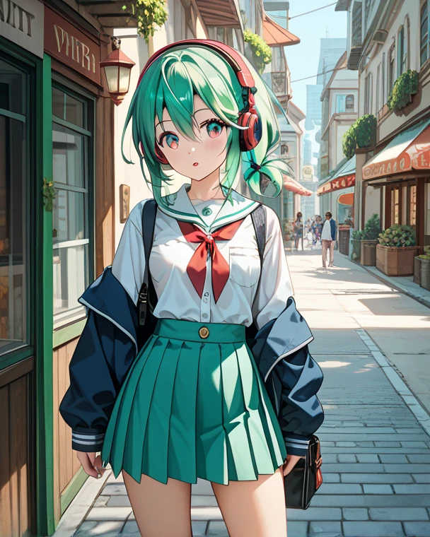 anime girl with a gun and a backpack standing in front of a wall of newspapers, long green hair, emo, Trendy Girl, wearing a cool jacket, cap, red brake wall with newspaper background, anime style 4 k, artwork in the style of guweiz, best anime 4k konachan wallpaper, cyberpunk anime girl in hoodie, anime art wallpaper 8 k, e-girl, e - girl, guweiz, anime style. 8k, anime art wallpaper 4 k