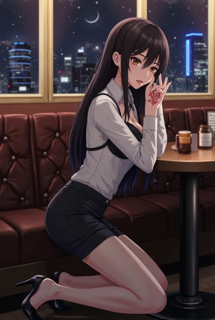 (​masterpiece、top-quality、hight resolution、Unity 8k Wallpaper、extremely details CG:1), In a cozy café scene, the protagonist, an aspiring masochistic man, sits across from a calm and elegant married woman he met on a dating website. Midway through the conversation, her mood changes to that of Mistress S, the trainer. She leans forward a little and whispers to the protagonist with eyes that look at the slave. I will train you, masochistic man..." The atmosphere becomes more bewitching, and the change in her feelings becomes more pronounced.