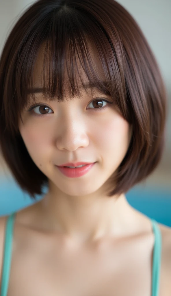 Aileen. The fair-skinned short, dark brown, straight bob haircut with face frame bang.  she's slender , petite figure with a small waist and flat belly.  her breasts are of medium size . She's smiling slightly at the camera、topless, swimsuit、High Heels, sexy pose,  Half Body Shot ,small nipples