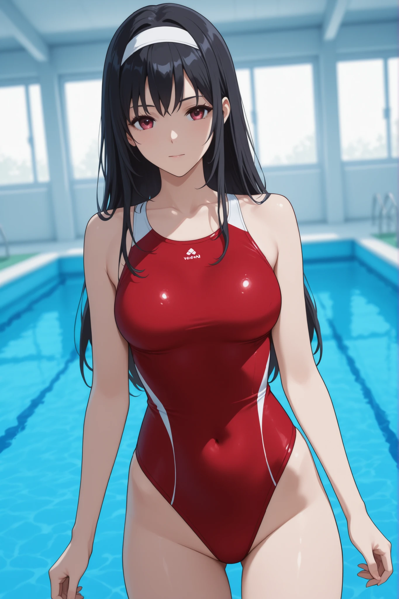 A beautiful woman with shoulder-length long hair, big breasts, beautiful legs, and a sharp face is standing by the school&#39;s indoor pool in a red competitive swimsuit.。