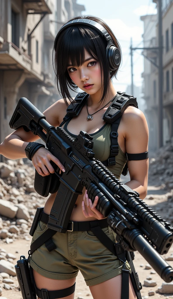bleak gritty action edgy so much swagger trained marine corp militant asian female solider with her female squads with serious expresion with an attitue vengance she adorn with pony tail hairstyle adorn hip hop rap style in black fishents linger latex sniper rifle on recline on a tank aiming sniper absolute disrespect bad-mannered