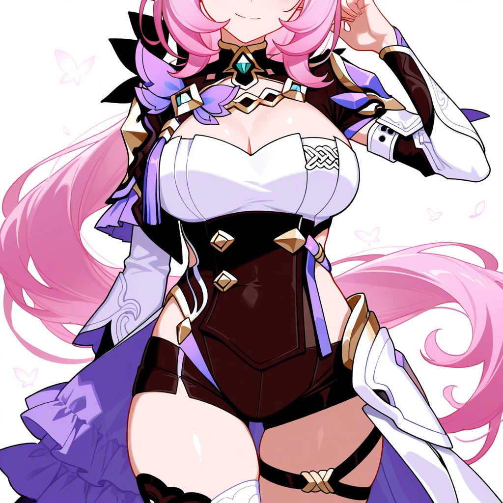 (masutepiece, Best Quality), 1girl, solo, full-body, pink-thighhighs, thighhighs, pink-hair, staff, smile, looking-at-viewer, shorts, holding, hood, breasts, holding-staff, tachi-e, cape, long-hair, black-shorts, blush, clothing-cutout, twintails, boots, standing, bridal-gauntlets, green-eyes, gloves, cleavage-cutout, cleavage, short-shorts, medium-breasts, straight-on, black-footwear, fingerless-gloves, bike-shorts, low-twintails, bangs, cloak, simple background