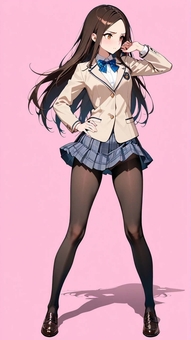 (white background:1.2), (best quality:1.3), (masterpiece:1.3), (full body:1.2), (solo:1.0), (a 17yo girl:1.0), (long skirt:1.3), (dark blue skirt:1.2), (pleated skirt:1.0), (school uniform beige blazer:1.3), (red necktie:0.9), (black socks:1.0), (loafers:1.0), (tall:1.2), (slender:1.1), (small breasts:1.1), (detailed beautiful eyes:1.0), (detailed beautiful face:1.0), (glowing black eyes:1.0), (long hair:1.0), (strait hair:1.0), (brown hair:1.0), (one's skirt lift:1.5), (floral pattern printed panties:1.2), (cotton panties:1.5)